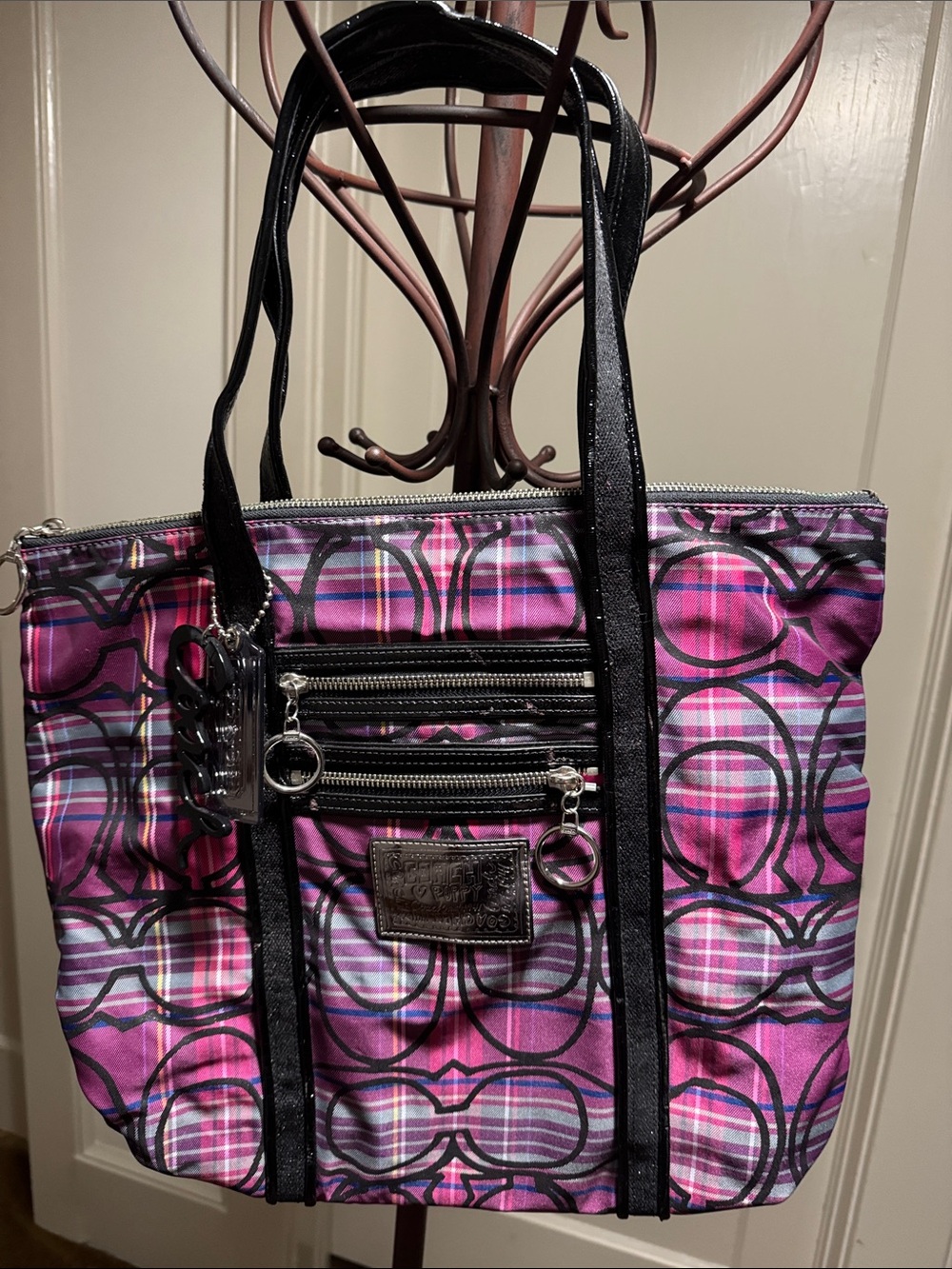 Coach Pink Plaid Signature Circle Tote with Black Straps